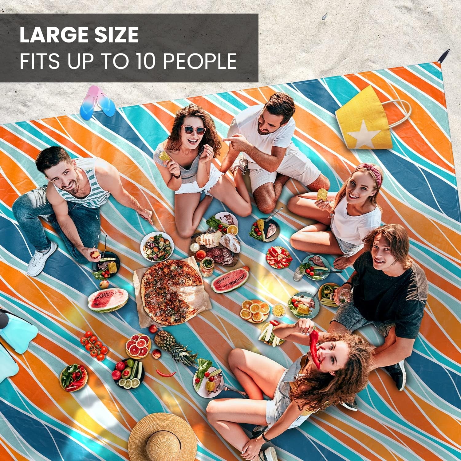 Everlasting Comfort 10-Person Beach Blanket, Oversized Extra Large Beach Mat, Tulum Orange