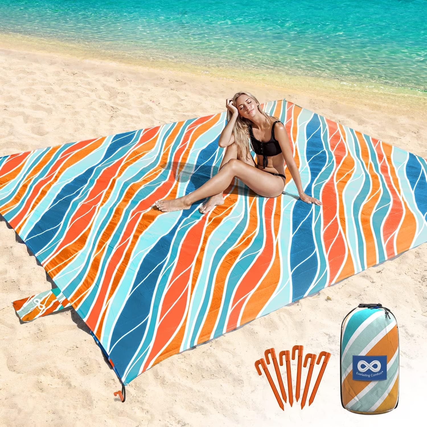 Everlasting Comfort 10-Person Beach Blanket, Oversized Extra Large Beach Mat, Tulum Orange